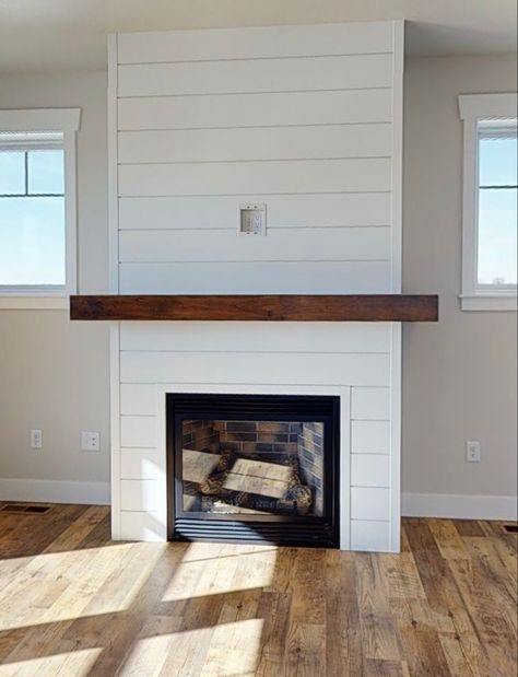 Fireplace Level With Floor, Shiplap Fireplace Wood Burning, Gas Fireplace Wood Surround, Shiplap Gas Fireplace, White Shiplap Fireplace, Fireplace 2023, Cassette Stove, Diy Shiplap Fireplace, Rustic Country Homes