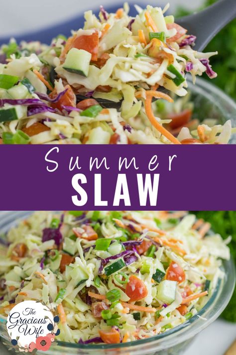 Summer Coleslaw Recipe With Tomatoes, Refrigerator Slaw Recipe, Salad With Coleslaw Slaw Recipes, Veggie Coleslaw Slaw Recipes, Slaw With Tomatoes, Cucumber Coleslaw Recipe, Summer Slaw Salad, Italian Coleslaw Recipes, Coleslaw With Tomatoes