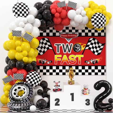 PRICES MAY VARY. VALUE ALL-IN-ONE TWO FAST BIRTHDAY DECORATIONS - Embrace the racing spirit with our perfect race car birthday party decorations. You will get 135 latex balloons(4 colors, 5"+10"+12"), 1 carefully designed "two fast" backdrop, 6 racing flags, 6 cool foil balloons (3 checkerboard balloons, 2 large wheels, 1 number 2 balloon), 3 balloon accessories. Parents can choose our two fast birthday decor to create a super shocking 2nd birthday party for your little hero! AMAZING PERFECT DES Car Theme Backdrop, Two Fast Birthday Decor, Fast Birthday Decorations, Car Party Decorations, Balloon Arch Backdrop, Race Car Party Decorations, Two Fast Birthday, Cars Birthday Party Decorations, Balloon Race