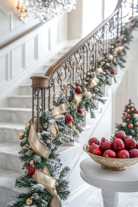 Transform your staircase with stunning Christmas home decor. Snow-kissed garlands and shimmering ornaments create a festive, inviting ambiance. Perfect for adding elegance to your holiday season. #ChristmasHomeDecor #HolidayStyle #FestiveAmbiance Christmas Decorations, House Design, Christmas, Design