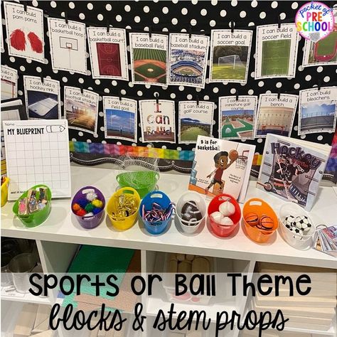 Balls Study Dramatic Play, Creative Curriculum Ball Study Dramatic Play, Ball Study Creative Curriculum Bulletin Board, Ball Dramatic Play Center, Ball Study Creative Curriculum Art, Preschool Activities With Balls, Stem Center Preschool, Sports Dramatic Play Preschool, Ball Creative Curriculum