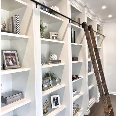 Bookshelves With Ladder Built Ins, White Library Wall, Built In Shelves With Ladder, Built In Bookcase With Ladder, Built In Bookshelves With Ladder, Stairway Bookcase, Bookcase With Ladder, Alcove Bookshelves, Home Library Rooms