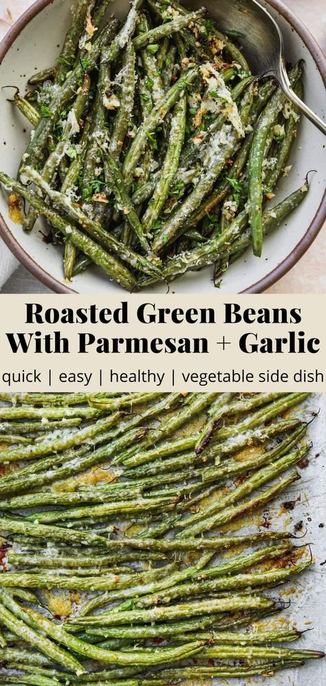 Oven-Roasted Green Beans With Garlic & Parmesan | Walder Wellness Green Bean Recipes Oven, Roasted Green Beans With Parmesan, Roasted Fresh Green Beans, Parmesan Green Bean Recipes, Oven Green Beans, Parmesan Roasted Green Beans, Carrot Recipes Side Dishes, Fresh Green Bean Recipes, Green Beans With Garlic