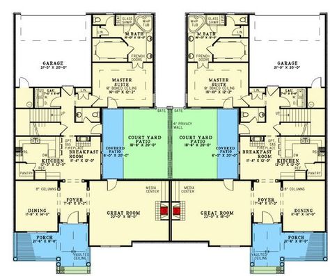 This 3 bedroom duplex house plan gives each unit its own outdoor courtyard separated by a privacy wall. Each unit gives you 2,226 sq. ft. of living space. Expansion possibilities abound on the second floor. Multigenerational House Plans, Duplex House Plan, Multigenerational House, Duplex Floor Plans, Privacy Wall, Duplex Plans, Duplex Design, Courtyard House Plans, Small House Floor Plans