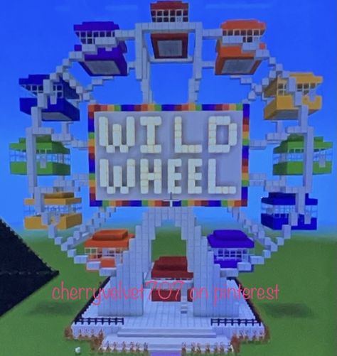 a white ferris wheel in minecraft with rainbow carts and a sign that says “wild wheel” that is glowing with a rainbow trim around the white rectangle backing Amusement Park In Minecraft, Theme Park Minecraft Ideas, Minecraft Theme Park Entrance, Minecraft Roller Coaster Ideas, Minecraft Ferris Wheel, Carnival Minecraft, Minecraft Theme Park Ideas, Minecraft Carnival Builds, Minecraft Park Idea