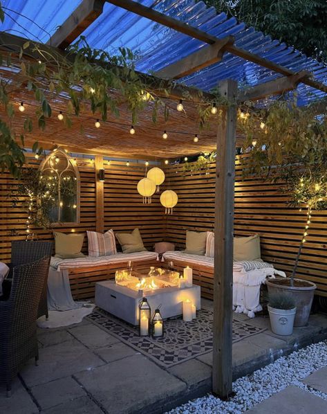 Fire Pit Under Pergola, Garden Sitting Areas, Corner Nook, Garden Seating Area, Pergola Lighting, Patio Garden Design, Outdoor Patio Lights, Garden Seating, Backyard Patio Designs