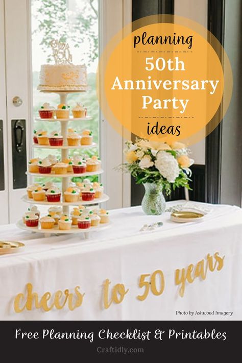 Planning a Golden Anniversary Party? Check out my event planning tips and free printables. Included is a Free Planning Checklist, a Printable/Customizable Invitation, and More! #freeprintables #50thanniversary #50thanniversaryparty #50thanniversarycelebration #partyplanning #eventplanning #eventplanner #eventideas #goldenanniversaryparty #partyideas #partyplanner 50th Wedding Anniversary Party Food, 50 Years Anniversary Party Ideas, Anniversary Party Foods, 50th Anniversary Party Ideas, Golden Anniversary Decorations, 50th Anniversary Party Decorations, Anniversary Party Ideas, Anniversary Food, Golden Anniversary Party