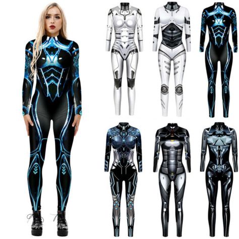 Find ideas๏ฟฝand inspiration for New Women Halloween Bodysuit Cosplay Costume Robot Print Catsuit Jumpsuit Skinny, Halloween Body Suit Costume Ideas, Cat Suit Bodysuit Outfit, Robot Outfit, Robot Halloween Costume, Robot Clothes, Robot Fashion, Cyberpunk Costume, Bodysuit Cosplay, Alien Robot