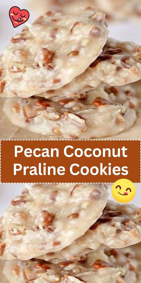 Delight in the southern charm of these Pecan Coconut Praline Cookies. A sweet, nutty cookie that's a perfect companion to your coffee or tea. Coconut Praline Cookies, Praline Cookies, Coconut Pecan Cookies, Coconut And Vanilla, Christmas Yummies, Cookies Homemade, Chicken Dishes Easy, Fruit Dessert Recipes, Coconut Pecan