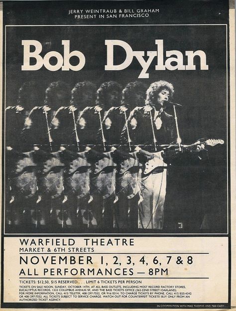 Poster for Bob Dylan's November 1979 performances at the Warfield Theater in San Francisco. Bob Dylan Poster, Theater Performance, 70s Music, Rock Posters, Band Posters, Bob Dylan, Room Posters, Kinds Of Music, Concert Posters