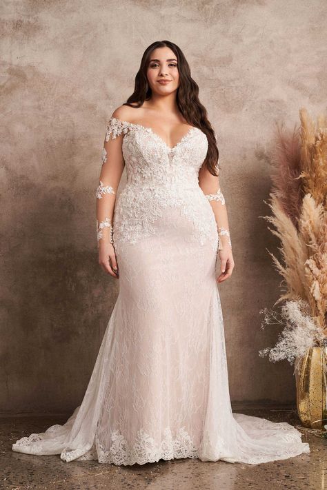 Off The Shoulder Plus Size, Plus Size Wedding Dresses With Sleeves, Curvy Wedding, Plus Wedding Dresses, Long Sleeve Wedding Gowns, Lillian West, Plus Size Wedding Gowns, Lace Gown Styles, Curvy Bride