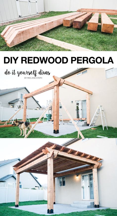 At long last, the much anticipated Redwood Pergola, featuring Humboldt Redwood is finished.  The weather here in Utah has been nice and wet, which is perfect for May flowers, but tough for Pergola building.  But we persevered, and the results are incredible.  This gorgeous DIY Pergola, will no doubt stand the test of time.  Pergola | DIY | Shade Structure | Backyard Shade | Beautiful Natural Landscaping | Wood Pergola | Building Material for Backyard Diy Wood Canopy Outdoor, 2x4 Pergola Diy, Pallet Pergola Diy, Shaded Patio Ideas, Diy Shade Structure, Easy Diy Pergola Cheap, Diy Pergola Freestanding, Diy Covered Pergola, Redwood Pergola