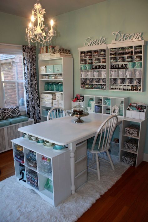 Crafting a Craft Room • Ideas, tutorials and inspiration, including this one from Scrapbook.com! Shared Home Office, Dream Craft Room, Craft Room Design, Scrapbook Room, Diy Craft Room, Office Crafts, Hobby Room, Craft Room Storage, Craft Room Office