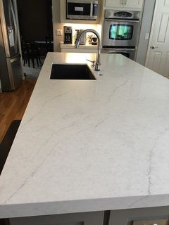 Quartz closest to carrera marble? Carrera Marble Kitchen, Cambria Berwyn, Ivory Cabinets, Carrera Marble Countertops, Dal Tile, Waterfall Countertop, Quartz Marble, Marble Countertops Kitchen, Quartz Kitchen Countertops