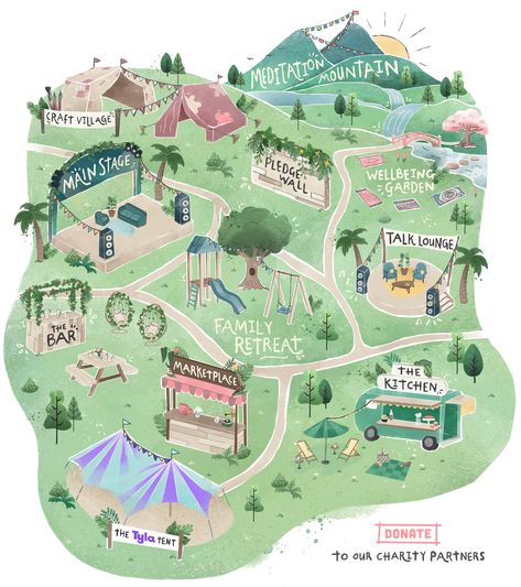 Festival Map Design, Map Design Ideas, Happy Place Festival, Maps Illustration Design, Festival Map, Illustration Map, Festival Illustration, 12th July, Physical Wellbeing