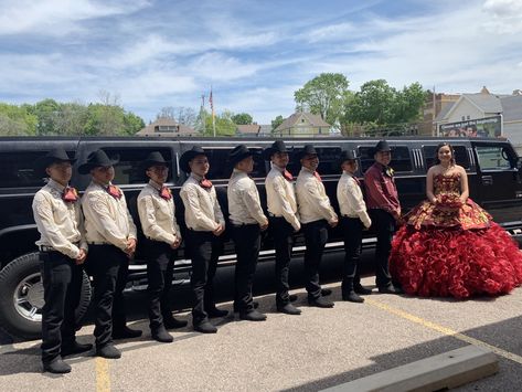 How To Ask Your Chambelanes To Be In Your Quince, Court Outfits Quinceanera, 15 Court Outfits, Quincenera And Chambelan Pictures, Red Charro Chambelanes Outfits, Red Quinceanera Court, Chambelanes Outfits Quinceanera Red And Gold, Chambelanes Vaqueros Outfits Red, Chambalans Outfits Quince Red