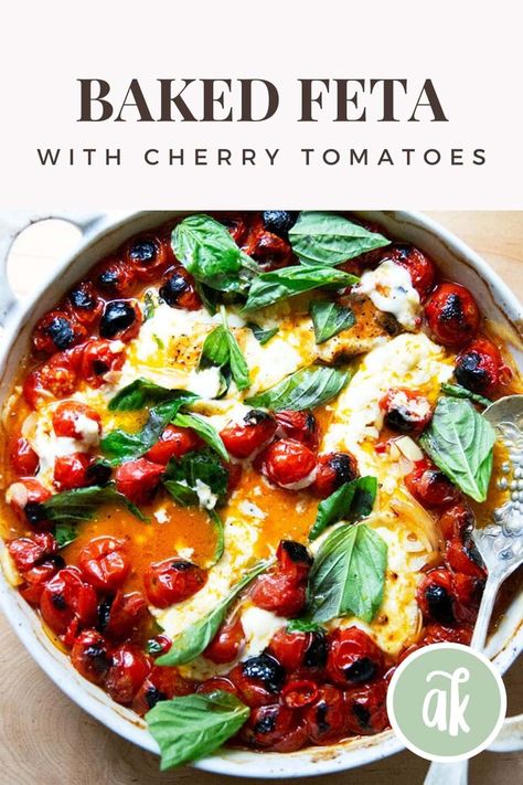 This baked feta with cherry tomatoes is one of the simplest, tastiest dishes ever. Lots of crusty bread for dipping is a must! #vegetarian #sidedish #appetizers Baked Feta With Cherry Tomatoes, Italian Potluck, Cherry Tomato Appetizers, Bread For Dipping, Fun Appetizers, Tomato Appetizers, Parents Weekend, Baked Feta, Feta Recipes