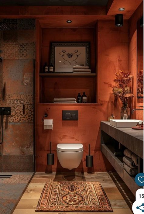 Brown Bathroom Ideas Color Combos, Burnt Orange Bathroom, Bathroom Ideas Colorful, Dark Brown Bathroom, Small Attic Bathroom, Lavender Bathroom, Brown Bathroom Ideas, African Interior Design, Bathroom Paint