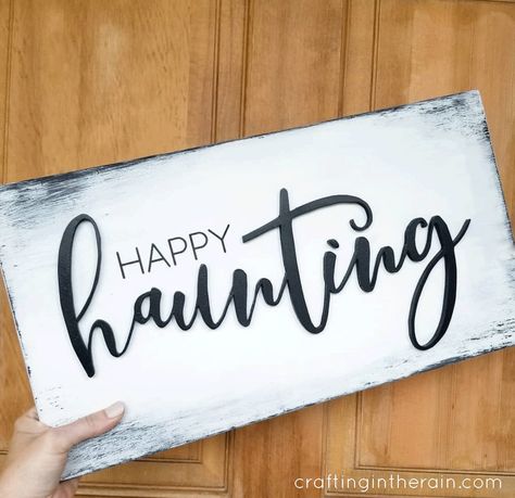 Free happy haunting SVG to use for your Halloween signs or decorations. SVG can be used in Cricut Design Space, Sillhouette Studio, or printables. Happy Haunting, Halloween Vinyl, Toil And Trouble, Felt Banner, How To Make Stencils, Black Spray Paint, Diy Cricut, Cricut Tutorials, Cameo Projects