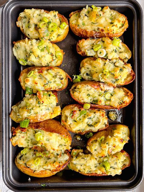 Vegan Double-Baked Potatoes - Lucy & Lentils Double Baked Potatoes, Stuffed Potato Skins, Loaded Potatoes, Stuffed Potato, Vegan Potato, Vegan Sides, Twice Baked Potatoes, Vegan Comfort Food, Butter Beans