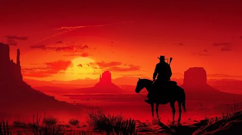 This is a digital painting of a cowboy on a horse, looking out over a vast desert landscape. The sky is a deep red, and the sun is setting behind the mountains ->> more details in ai-img-gen.com Cowboy Landscape, Cowboy Art, Desert Landscaping, Wild West, Deep Red, Light And Shadow, The Mountain, Digital Painting, Cowboy