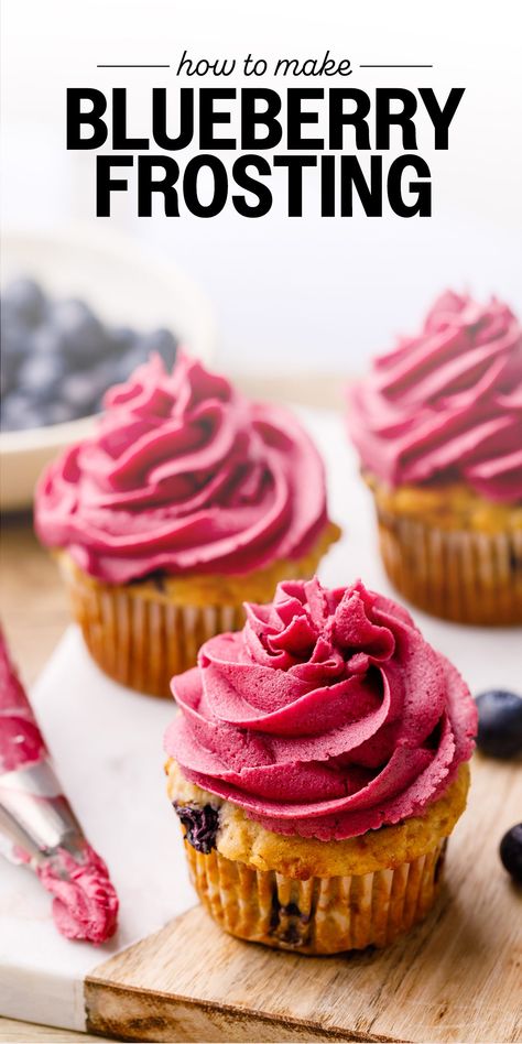 Blueberry Buttercream Frosting Blueberry Buttercream Frosting, Freeze Dried Blueberries, Easy Blueberry Desserts, Blueberry Buttercream, Homemade Frosting Recipes, Blueberry Frosting, Graham Cracker Crust Recipe, Homemade Baked Goods, Lemon Cheesecake Bars