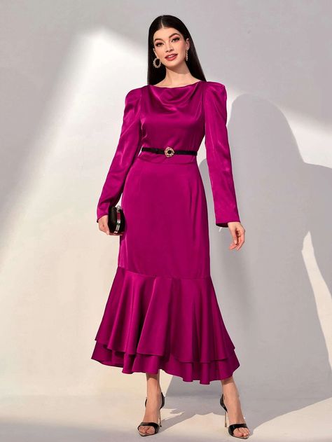 Puff Sleeve Ruffle Hem Dress Without Belt | SHEIN EUR Evening Dresses Elegant Midi, Long Sleeve Evening Dress, Plus Size Party Dresses, Muslim Fashion Hijab, Long Sleeve Evening Dresses, Classy Dress Outfits, Abaya Dress, Turkish Beauty, Evening Dresses Elegant