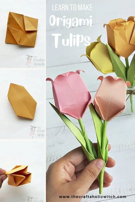 origami tulips Diy Christmas Paper Decorations, Tulip Origami, Free Paper Flower Templates, Paper Christmas Decorations, Origami Rose, Easy Paper Flowers, How To Make Origami, Paper Flower Crafts, Paper Flower Template