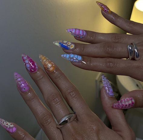 Rainbow nails, colorful nail art, bloom gel nails Rainbow Aesthetic Nails, Rainbow Blooming Gel Nails, Colorful Summer Nails 2024, Colorful Blooming Gel Nails, Aura Nails With Blooming Gel, Nail Art Designs Blooming Gel, Summer Blooming Gel Nails, Summer Nails Blooming Gel, Gel Blooming Nails