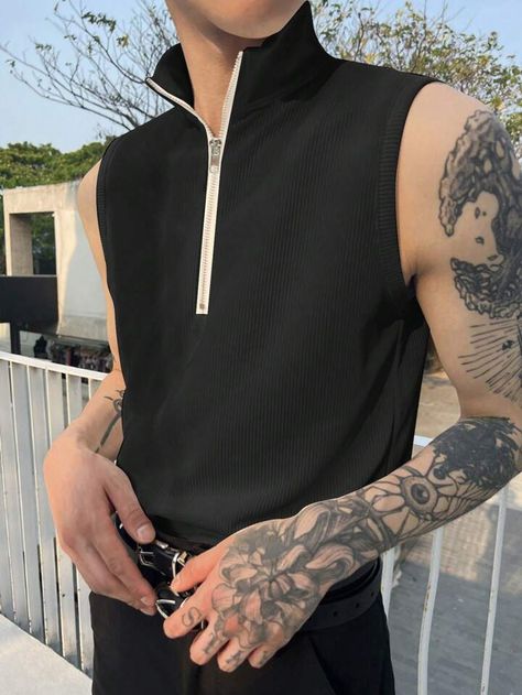 Manfinity Homme Men's Simple Solid Color Sleeveless Zipper Tank Top | SHEIN USA Black Tank Top Outfit Men, Sleeveless Outfit Men, Crop Top Outfits Men, Tank Top Outfits Men, Fancier Outfits, Sleeveless Turtleneck Outfit, Turtleneck Outfit Men, Black Tank Tops Outfit, Silk Shirt Outfit