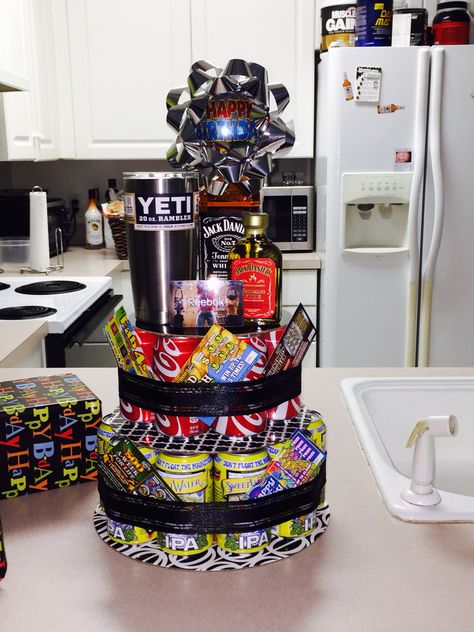 Birthday Booze Cake Tower Drink Tower Birthday, Booze Cake Tower, 21st Birthday Cake Alcohol, Beer Cake Tower, 21st Birthday Gift Baskets, 50th Birthday Party Gifts, Booze Cake, Booze Gift, 21st Bday Cake