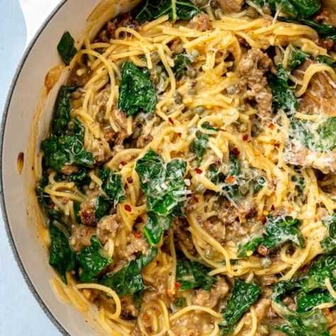 One Pot Pasta Italian Sausage & Kale Recipe - Fed & Fit Sausage Kale Pasta Recipes, Italian Sausage Kale Pasta, Pork Breakfast Recipes, Sausage And Kale Pasta, Pasta Italian Sausage, Seared Ahi Tuna Recipe, Sausage Kale Pasta, Kale Pasta Recipe, Pasta With Italian Sausage