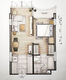 One bedroom Floor Plan by T. Vajrabukka Interior Architecture Sketch, Interior Design Sketchbook, Rendered Floor Plan, Interior Design Layout, Furniture Design Sketches, Architecture Drawing Plan, Interior Design Renderings, Drawing Interior, Interior Architecture Drawing