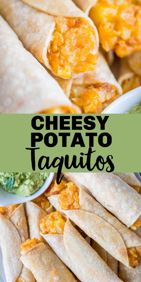 These Cheesy Potato Taquitos are perfectly seasoned and baked to perfection making them a healthy and filling choice for dinner, lunch or breakfast! They're easy to make, freezer friendly and both kids and adults enjoy them! #taquitos #mexicanfood #kidfriendly #kidfriendlydinner #vegetarian Potato Taquitos, Tacos Dorados, Cheesy Potato, Kid Friendly Dinner, Cheesy Potatoes, Freezer Friendly, Tostadas, Nachos, Lunch Recipes