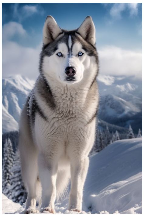 Stunning Siberian Husky on snowy mountains. Black and white with piercing blue eyes! Small Husky, Haski Dog, Husky Facts, Baby Husky, Black Husky, Husky With Blue Eyes, Wolf Husky, White Husky, Gifts Amazon