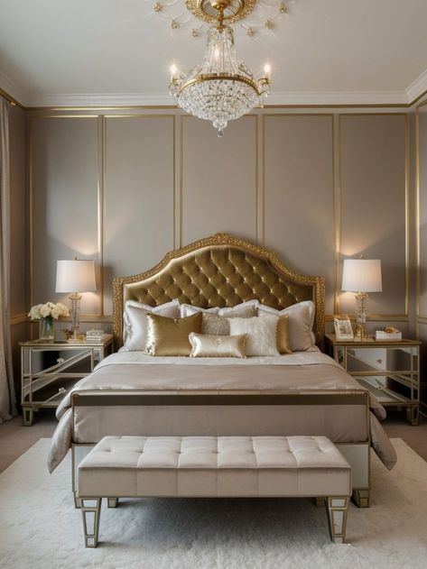 Achieve a rich girl bedroom aesthetic by incorporating luxurious elements like a tufted velvet headboard and a crystal chandelier. Complete the look with metallic accents, such as a mirrored nightstand and gold-trimmed accessories, for a classy touch. Rich Girl Bedroom Aesthetic, Goddess Bedroom, Girl Bedroom Aesthetic, Rich Girl Bedroom, Bridal Jewellery Earrings, Velvet Headboard, Golden Goddess, Mirrored Nightstand, Jewellery Earrings