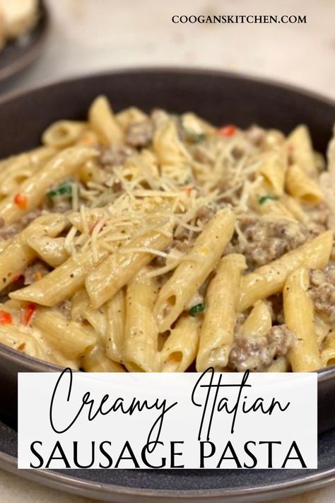 Creamy Italian Sausage Pasta has a very slight spicy kick to it and the Parmesan, broth, garlic, and cream create an almost buttery-like sauce. It is SO GOOD! Air Fryer Chicken Meatballs, Parmesan Broth, Creamy Italian Sausage Pasta, Sausage Alfredo Pasta, Sausage Pasta Sauce, Sausage And Peppers Pasta, Creamy Sausage Pasta, Spicy Sausage Pasta, Cream Sauce Pasta