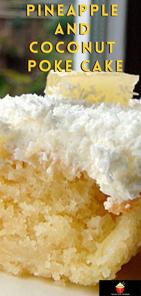 Pineapple and Coconut Poke Cake. A delicious pineapple combined with creamy coconut cake recipe, topped with fresh whipped cream and more coconut, making a soft and fluffy great tasting tropical cake Coconut Cream Poke Cake, Coconut Poke Cake, Coconut Pineapple Cake, Brownie Cake Pops, Cream Poke Cake, Coconut Poke Cakes, Poke Recipe, Coconut Cream Cake, Pudding Poke Cake