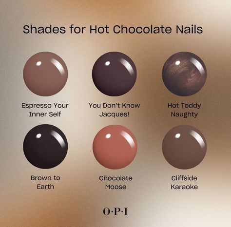 Dark Brown Nail Color, Opi Hot Toddy, Dark Brown Pedicure, Chocolate Nail Color, Opi Dark Colors, Fall Mani Pedi Combos, Dark Chocolate Nails, Hot Chocolate Nails, Aesthetic Acrylics