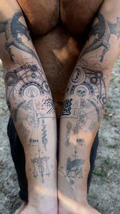 Constilations Tattoo, Spiritual Men Tattoos, Alchemy Tattoo Sleeve, Alchemical Symbols Tattoo, Alchemy Tattoo Ideas, Ancient Tattoo Designs, Gnostic Tattoo, Alchemy Tattoo Symbols, Hermetic Tattoo