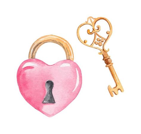 Lock Drawing, Valentine Hearts Art, Key Drawings, Pink Drawing, Valentines Illustration, Free Vintage Printables, Diy Anniversary, Heart Illustration, Gold Key