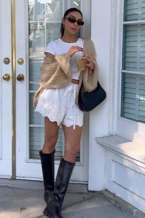 21 Riding-Boot Outfits to Re-Create This Fall | Who What Wear Long Boots Summer Outfit, Summer Outfits Walking, Riding Boots Outfit 2023, Rider Boots Outfit, Summer Outfits With Boots, Lace Shorts Outfit, Shorts With Boots, Cottage Cowgirl, Boots In Summer