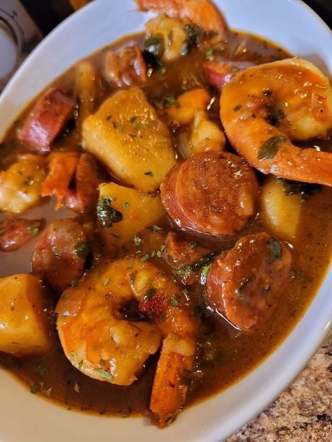 A photo of the finished stew in a bowl. Sausage And Potato Stew, Shrimp And Potatoes, Baking Potatoes, Shrimp And Sausage, Sausage Potato, Sausage Stew, Potato Stew, Shrimp Sausage, Seafood Gumbo