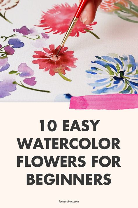 How To Paint Flowers With Watercolors, How To Paint Flowers Watercolor Easy, Basic Watercolor Painting For Beginners Flowers, Jenna Rainey Watercolor Tutorials, Diy Watercolor Flowers, Watercolor Daisy Tutorial, Beginner Watercolor Flowers, Jenna Rainey Watercolor, How To Paint Flowers Watercolor