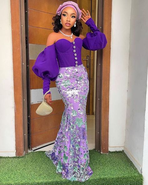 Aso Ebi 👑 on Instagram: “Exaggerated sleeves for the win 💜🥰 @kingronke Outfit @styledbykingronke Makeup @glammed_by_gaga #AsoEbiBella www.asoebibella.com” Latest Lace Gown Styles Aso Ebi, Lace Gown Styles Aso Ebi, Latest Lace Styles, Lace Asoebi Styles, Asoebi Lace Styles, Aso Ebi Lace, Aso Ebi Lace Styles, Lace Long Gown, Nigerian Lace Styles Dress