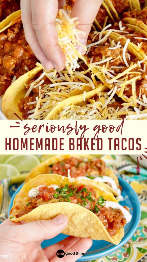 These crispy oven baked beef tacos make a quick, easy, and delicious dinner the whole family is sure to love! The best recipe for homemade tacos that are crispy and easy to make. Easy Soft Tacos, Taco Shells Homemade, Baked Beef Tacos, Crunchy Tacos, Chicken Tacos Recipe Easy, Taco Shell Recipe, Oven Baked Tacos, Crunchy Taco Shells, Baked Tacos