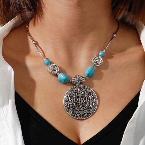 Color: Blue Style: Fashionable, Casual Material: Zinc Alloy Silver Bar Necklace, Round Pendant Necklace, Trendy Necklaces, Turquoise Beads, Western Style, Beaded Pendant, Turquoise Jewelry, Boho Jewelry, Beautiful Necklaces