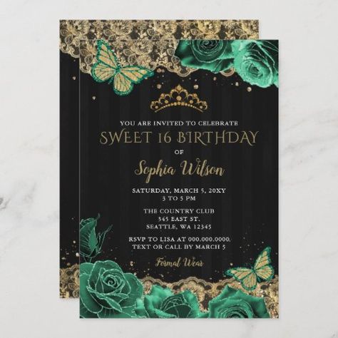 Vintage Green Roses Black Gold Lace Sweet 16 Invitation #zazzle #weddinginvitations #birthdayinvitations #babyshowerinvitations #zazzleinvitations #monogram #businesscards #graduation #homedecor Green Quinceanera Theme, Quinceañera Invitations, Rose Gold Quinceanera, Quinceanera Theme, Green Quinceanera, Sweet 16 Themes, Rose Gold Lace, Quince Invitations, Green Invitations