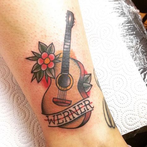 Other one from today, bad light :( #acousticguitar #guitar #guitartattoo #traditionalguitartattoo #traditionaltattoo #traditional #tattooflash #flashtattoo #girlswithtattoos #girlstattoo #girls #musictattoo #art #artwork #desing #heimwärtstattoo #sabinehierling #Sabbse #Linz #köln #Bonn #Koblenz #familytattoo Guitar Tattoo Design, Guitar Tattoo, Cat Tattoo Designs, Traditional Tattoo Design, Dad Tattoos, Music Tattoo, Matching Tattoo, Family Tattoos, American Traditional Tattoo