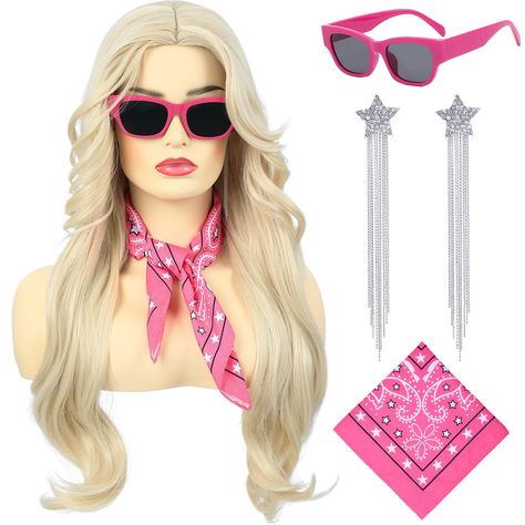 Blonde Cowgirl, Costumes With Glasses, Full Blonde, Traje Cowgirl, Blonde Cosplay Wig, Blonde Cosplay, Barbie Halloween Costume, Long Blonde Wig, Pink Bandana